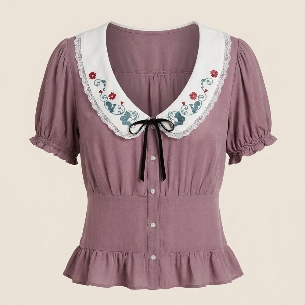 Disney Her Universe Snow White Top Mauve Empire Waist Peplum Smocked Embroidered